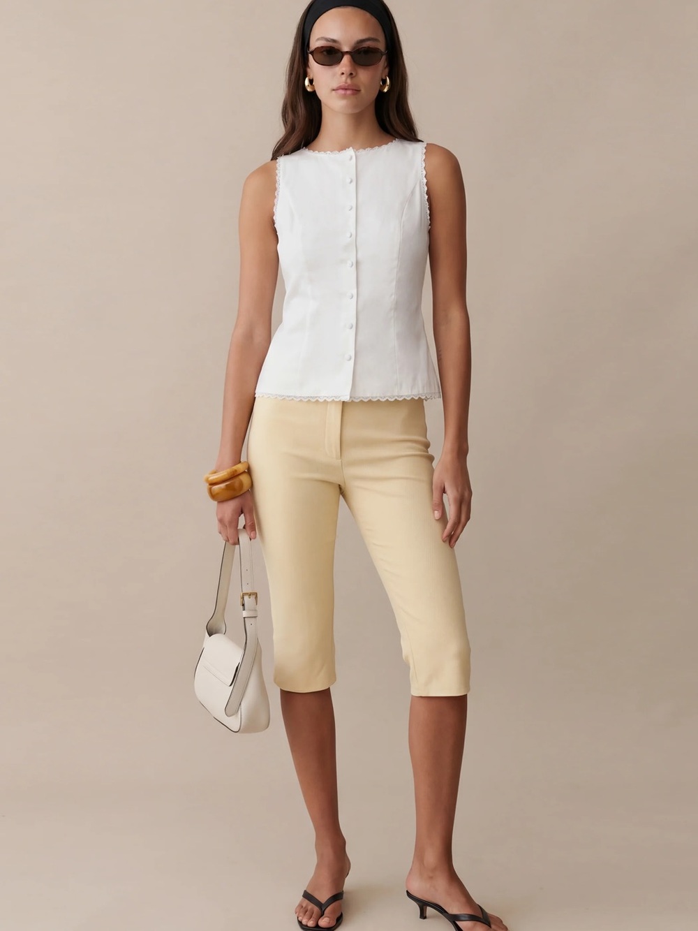 Sleeveless White Button-Front Top with Lace Trim - Picture 3 of 12